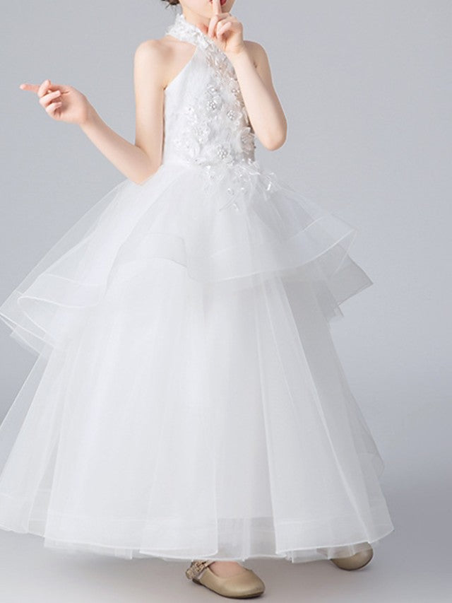 Glamorous Ball Gown Sleeveless Halter Neck Flower Girl Dress with Appliques