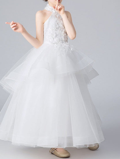 Glamorous Ball Gown Sleeveless Halter Neck Flower Girl Dress with Appliques