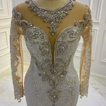 Glamorous Bateau Long Sleeves Pearl Sequins Mermaid Wedding Dress with Lace Appliques Beading