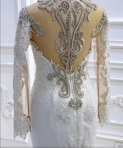 Glamorous Bateau Long Sleeves Pearl Sequins Mermaid Wedding Dress with Lace Appliques Beading