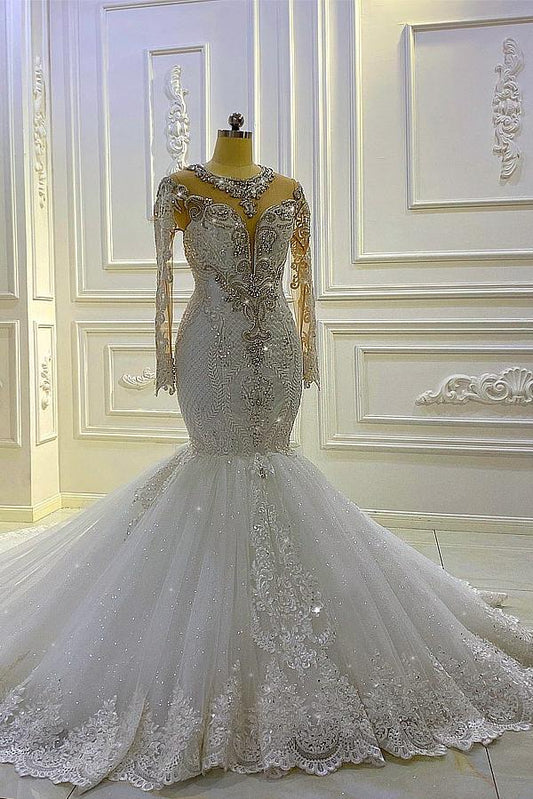 Glamorous Bateau Long Sleeves Pearl Sequins Mermaid Wedding Dress with Lace Appliques Beading
