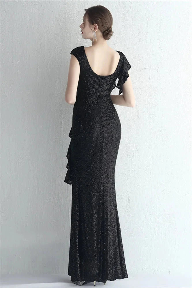 Glamorous Cap Sleeveless Mermaid Sequins Evening Gown Long With Split Ruffles