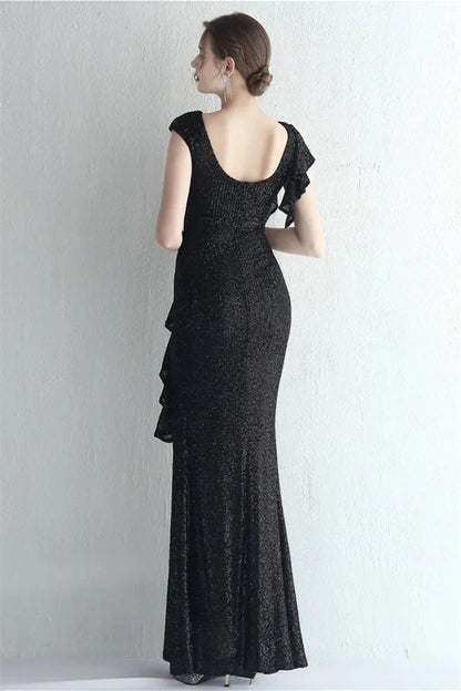 Glamorous Cap Sleeveless Mermaid Sequins Evening Gown Long With Split Ruffles