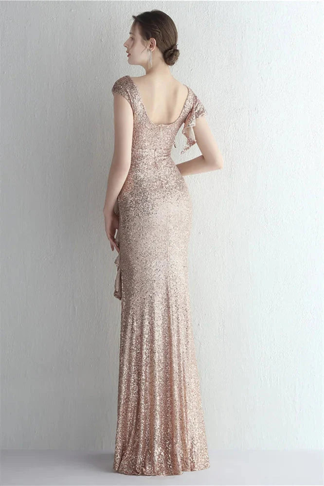Glamorous Cap Sleeveless Mermaid Sequins Evening Gown Long With Split Ruffles