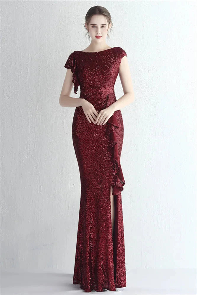 Glamorous Cap Sleeveless Mermaid Sequins Evening Gown Long With Split Ruffles