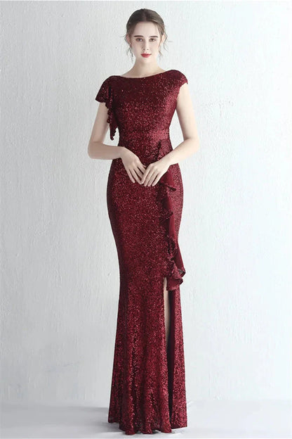Glamorous Cap Sleeveless Mermaid Sequins Evening Gown Long With Split Ruffles