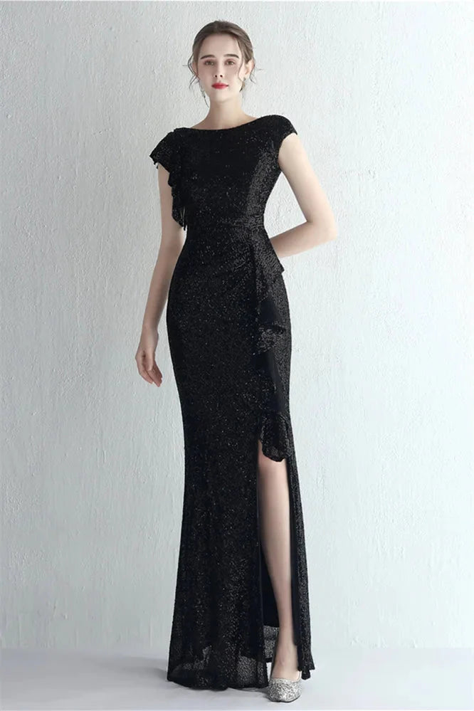 Glamorous Cap Sleeveless Mermaid Sequins Evening Gown Long With Split Ruffles