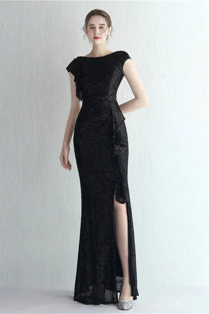 Glamorous Cap Sleeveless Mermaid Sequins Evening Gown Long With Split Ruffles