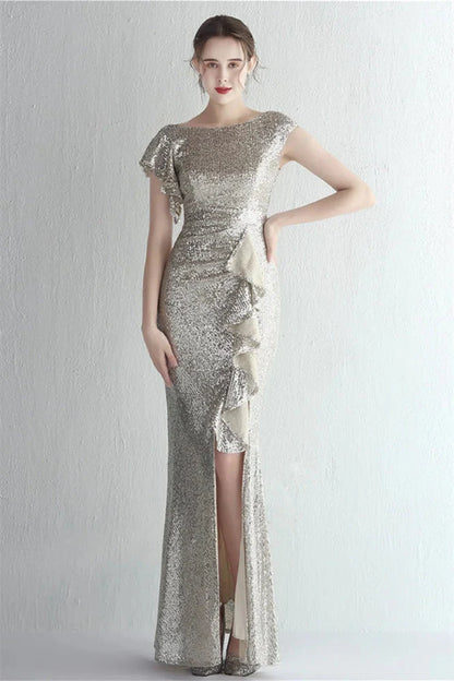 Glamorous Cap Sleeveless Mermaid Sequins Evening Gown Long With Split Ruffles