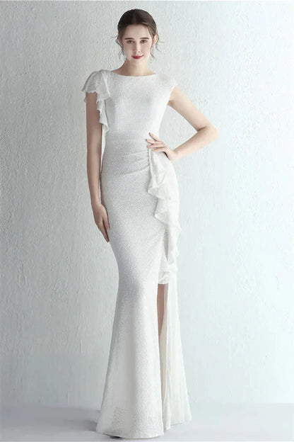 Glamorous Cap Sleeveless Mermaid Sequins Evening Gown Long With Split Ruffles