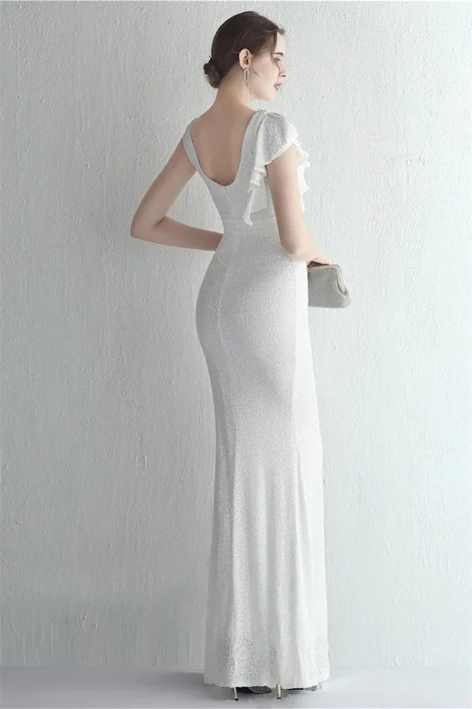 Glamorous Cap Sleeveless Mermaid Sequins Evening Gown Long With Split Ruffles