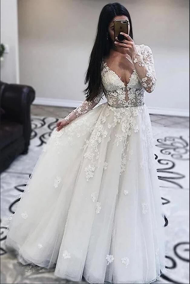 Glamorous Deep V-Neck Long Sleeve Wedding Dress with Lace Appliques
