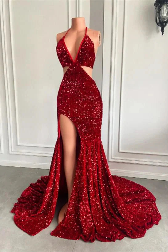 Glamorous Halter Mermaid Sequins Burgundy Evening Dress With Slit