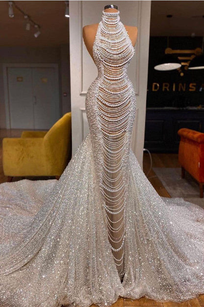 Glamorous High Neck Mermaid Evening Dress With Pearls and Sequins