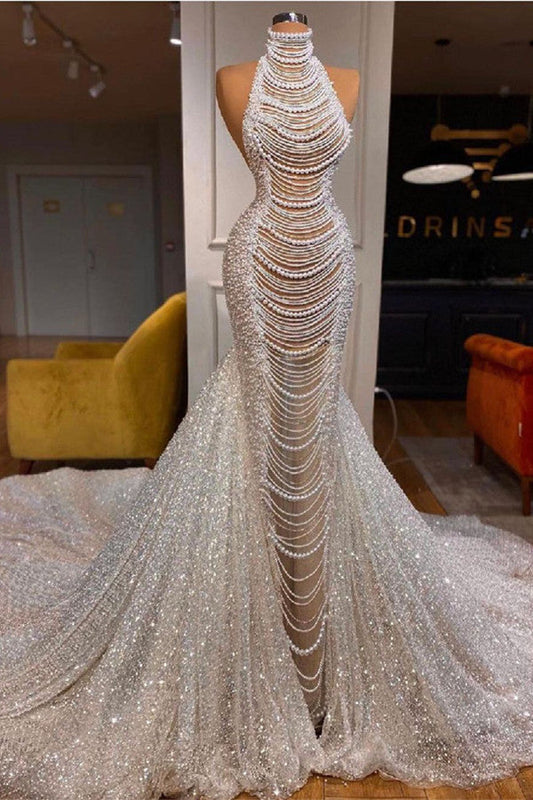 Glamorous High Neck Mermaid Evening Dress With Pearls and Sequins