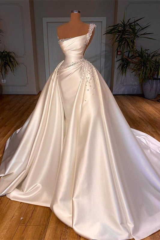 Glamorous Long One Shoulder Pearl Wedding Dress Overskirt Bridal Gowns
