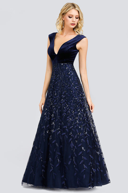 Glamorous Navy V-Neck Evening Dress with Leaves Appliques