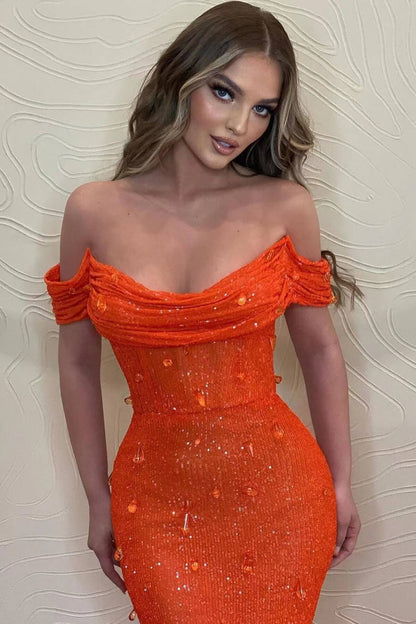 Glamorous Orange Long Mermaid Off The Shoulder Sequins Prom Dress
