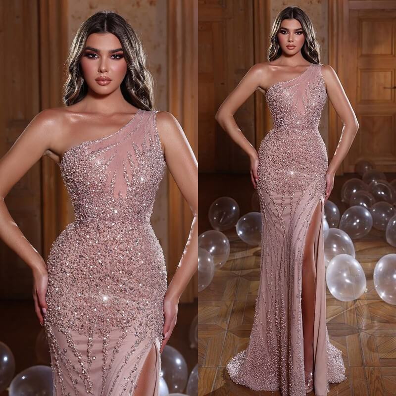 Glamorous Pink Mermaid Evening Dress with One Shoulder & Long Beadings & Split
