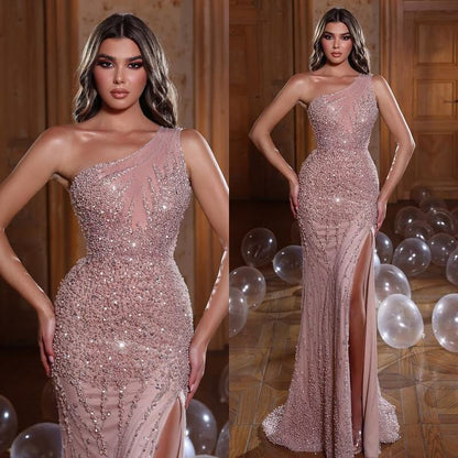 Glamorous Pink Mermaid Evening Dress with One Shoulder & Long Beadings & Split