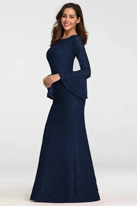 Glamorous Red Lace Prom Dress Mermaid Long Sleeve Evening Gowns