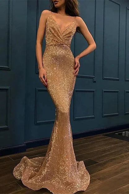 Glamorous Spaghetti-Straps Sequins V-Neck Prom Dress Mermaid Evening Gowns