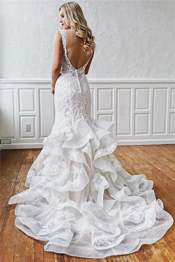 Glamorous Straps Sleeveless Lace Mermaid Wedding Dress With Ruffled