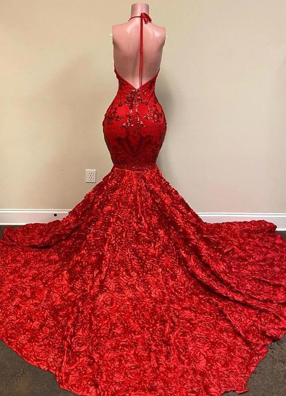 Glamorous V-Neck Mermaid Sequins Flowers Halter Backless Prom Dress