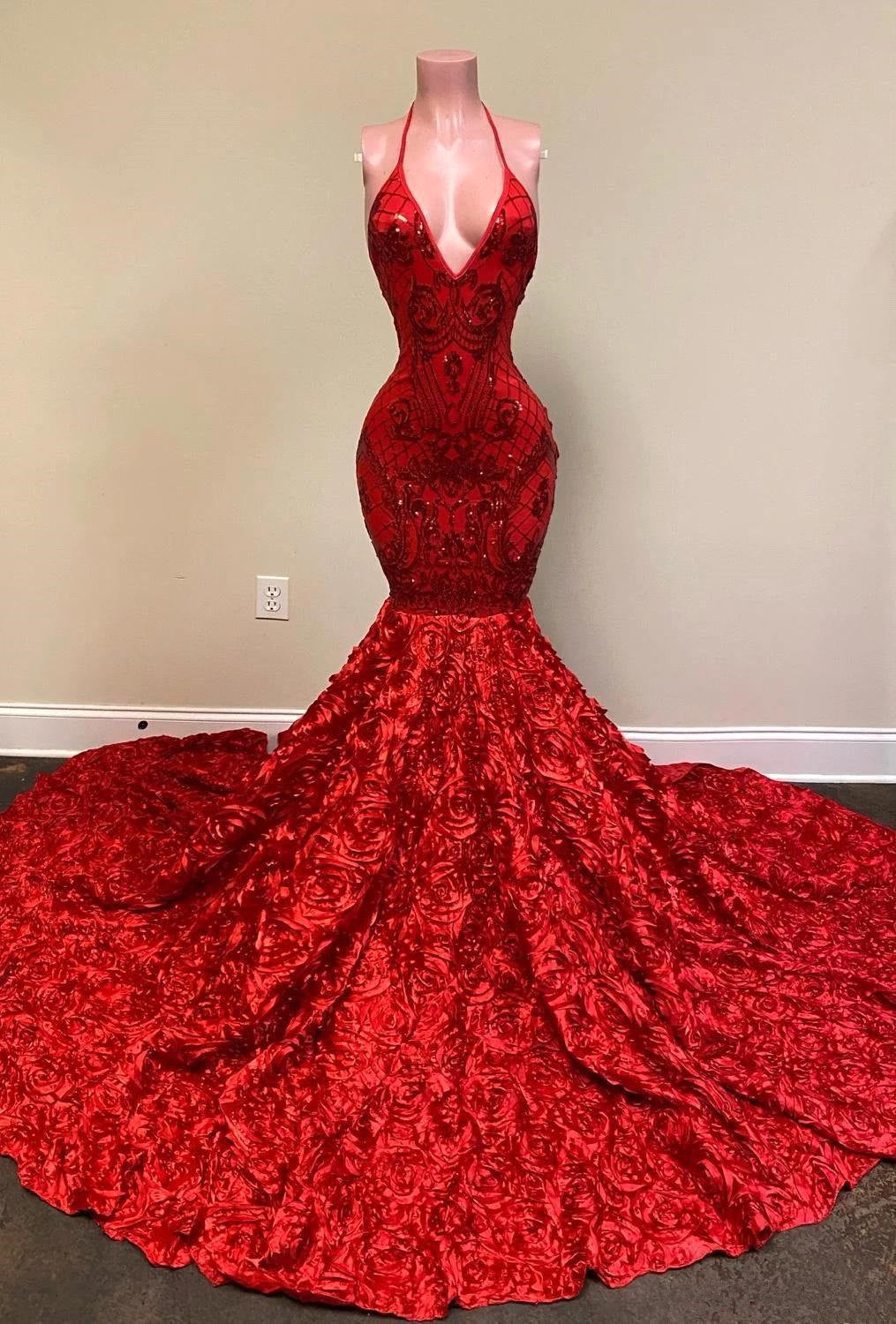 Glamorous V-Neck Mermaid Sequins Flowers Halter Backless Prom Dress