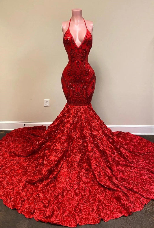 Glamorous V-Neck Mermaid Sequins Flowers Halter Backless Prom Dress