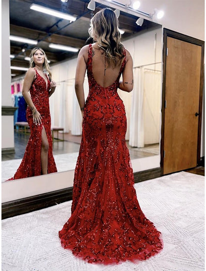 Mermaid / Trumpet Prom Dresses Sparkle & Shine Dress Formal Sweep / Brush Train Sleeveless V Neck Sequined Backless with Sequin