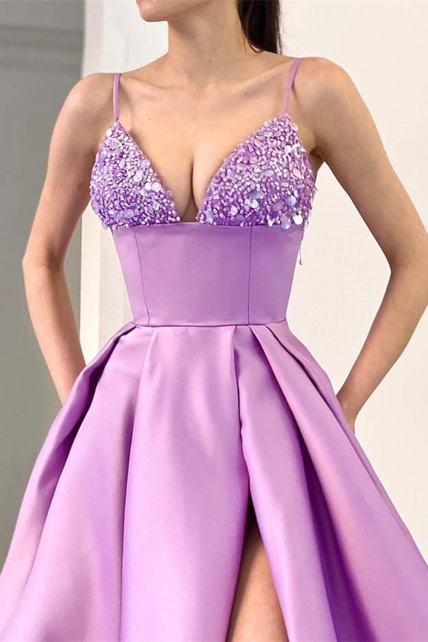 Gorgeous A Line Sequins Evening Dress with Split - Spaghetti-Straps Lavender