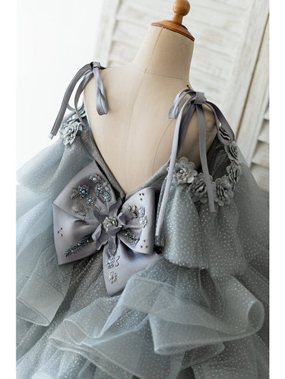Gorgeous Ball Gown Sleeveless Spaghetti Strap Flower Girl Dresses Tulle with Bow Beading Flower