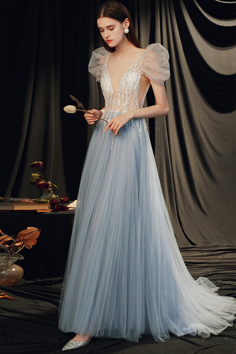 Gorgeous Beaded V-Neck Prom Dress with Bubble Sleeves