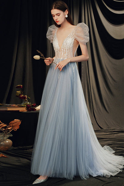 Gorgeous Beaded V-Neck Prom Dress with Bubble Sleeves