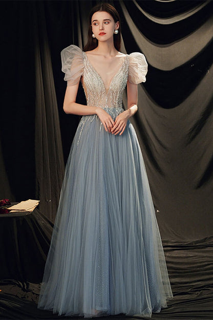 Gorgeous Beaded V-Neck Prom Dress with Bubble Sleeves