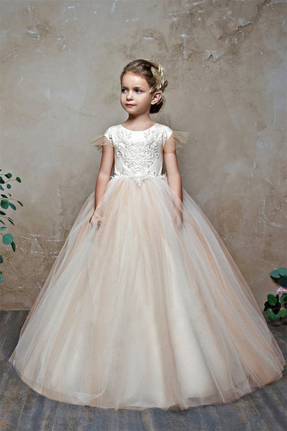Gorgeous Cap Sleeveless Tulle Flower Girl Dress with Zipper Button Back and Bowknot
