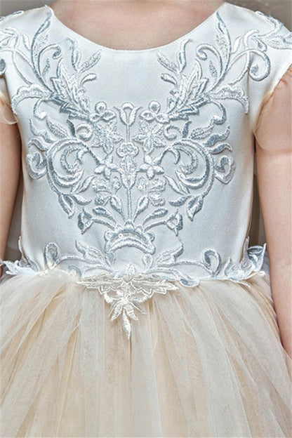 Gorgeous Cap Sleeveless Tulle Flower Girl Dress with Zipper Button Back and Bowknot