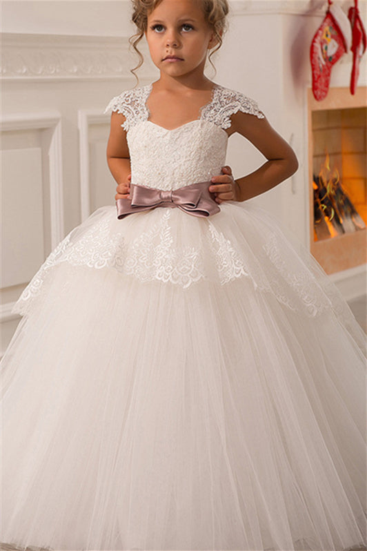 Gorgeous Cap Sleeves Flower Girl Dress Ball Gown Princess With Lace Appliques