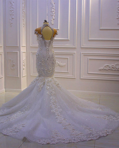 Gorgeous High Neck Crystal Tulle Floor-length Mermaid Wedding Dress with Appliques Lace