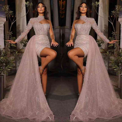 Gorgeous High Neck Prom Dress with Pearls and Ruffles