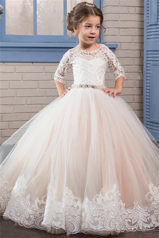 Gorgeous Lace Flower Girl Dress in Half Sleeves with Tulle Champagne Gown