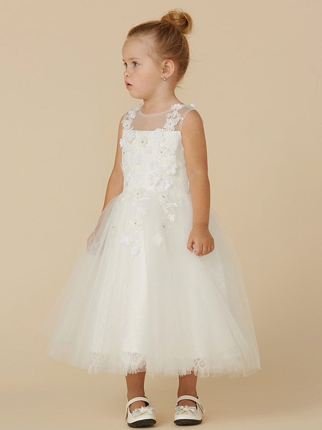 Gorgeous Lace Tulle Sleeveless Illusion Neck Flower Girl Dress With Beading Appliques