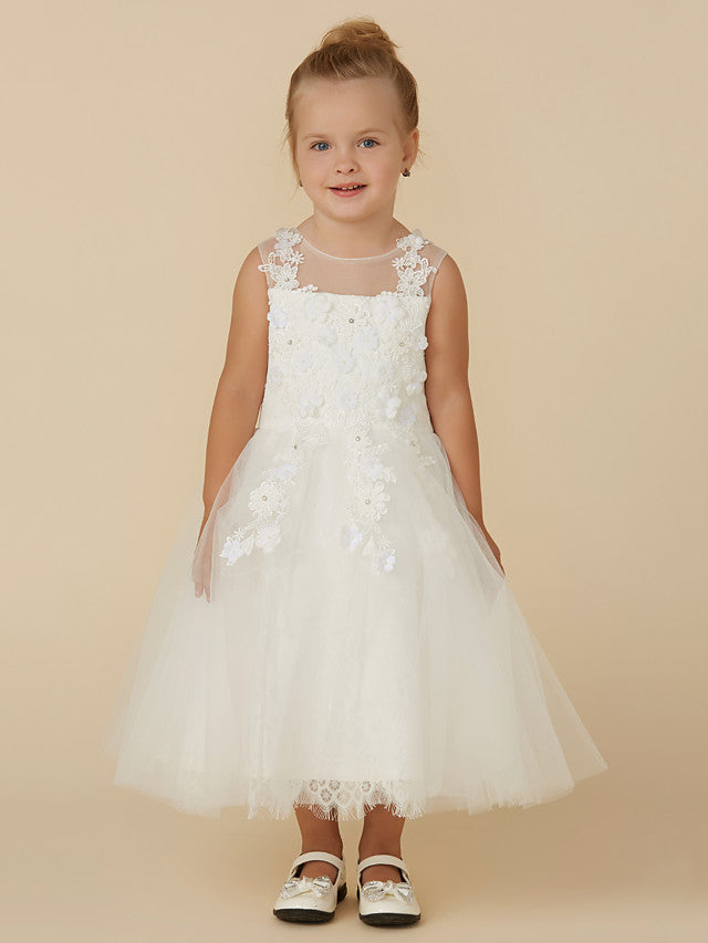 Gorgeous Lace Tulle Sleeveless Illusion Neck Flower Girl Dress With Beading Appliques