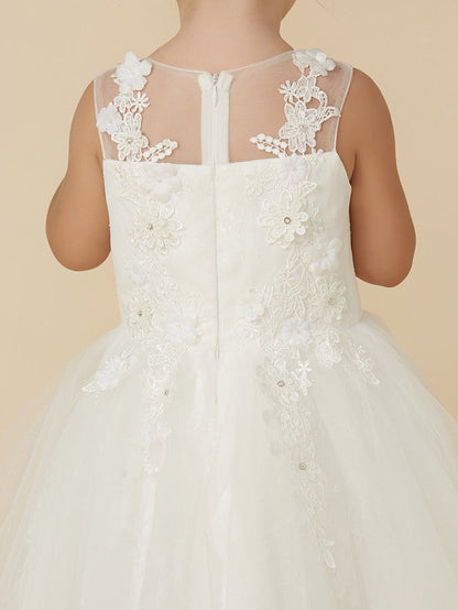 Gorgeous Lace Tulle Sleeveless Illusion Neck Flower Girl Dress With Beading Appliques