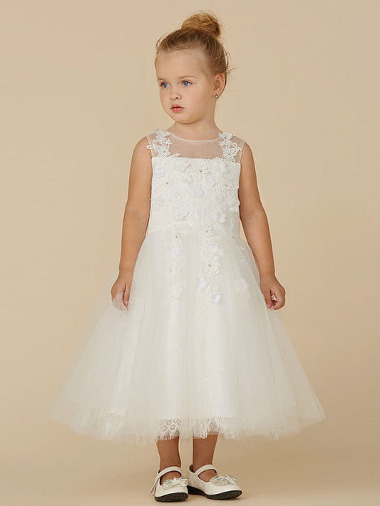 Gorgeous Lace Tulle Sleeveless Illusion Neck Flower Girl Dress With Beading Appliques