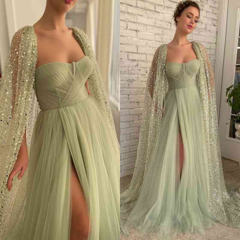 Gorgeous Long A-line Strapless Tulle Front Slit Prom Dress with Cape