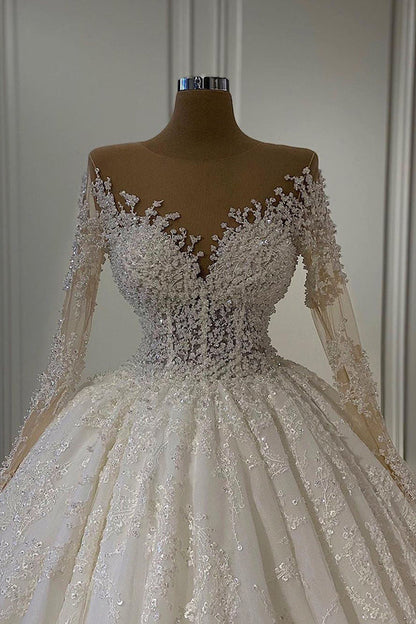 Gorgeous Long Sleeves Ball Gown Wedding Dress With Lace Beads