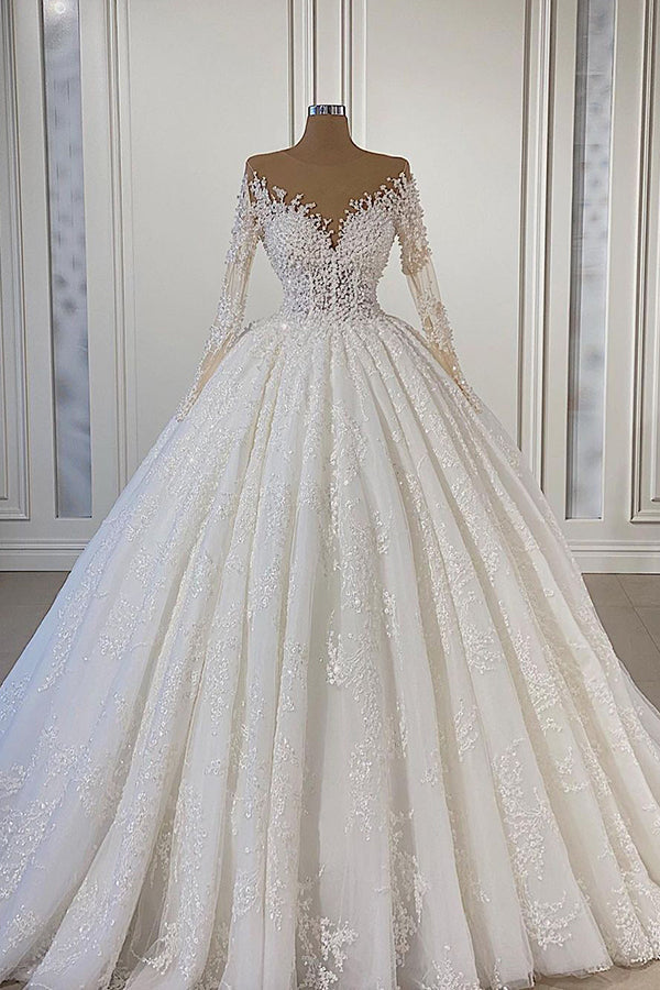 Gorgeous Long Sleeves Ball Gown Wedding Dress With Lace Beads