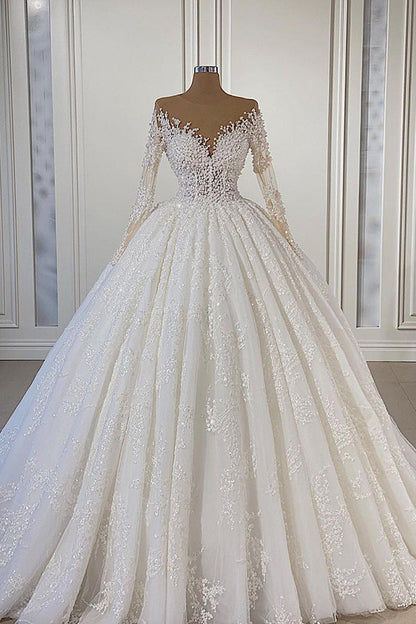 Gorgeous Long Sleeves Ball Gown Wedding Dress With Lace Beads